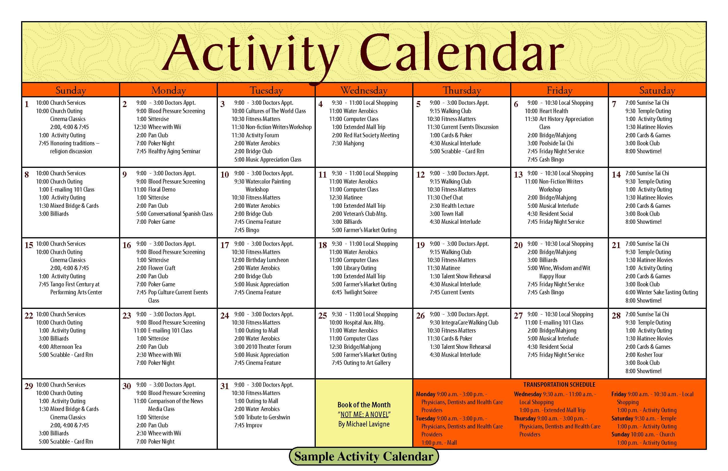 activity calendar for seniors