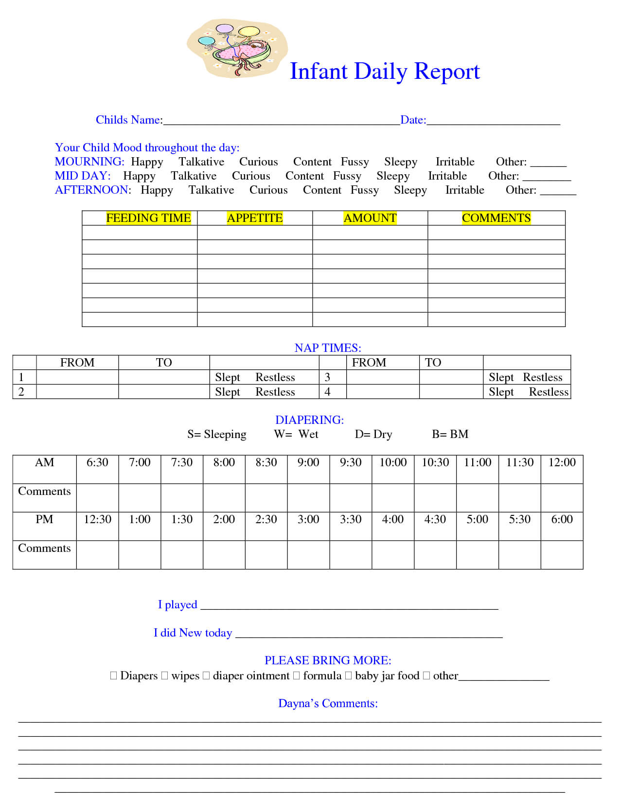 free infant daycare daily schedule template