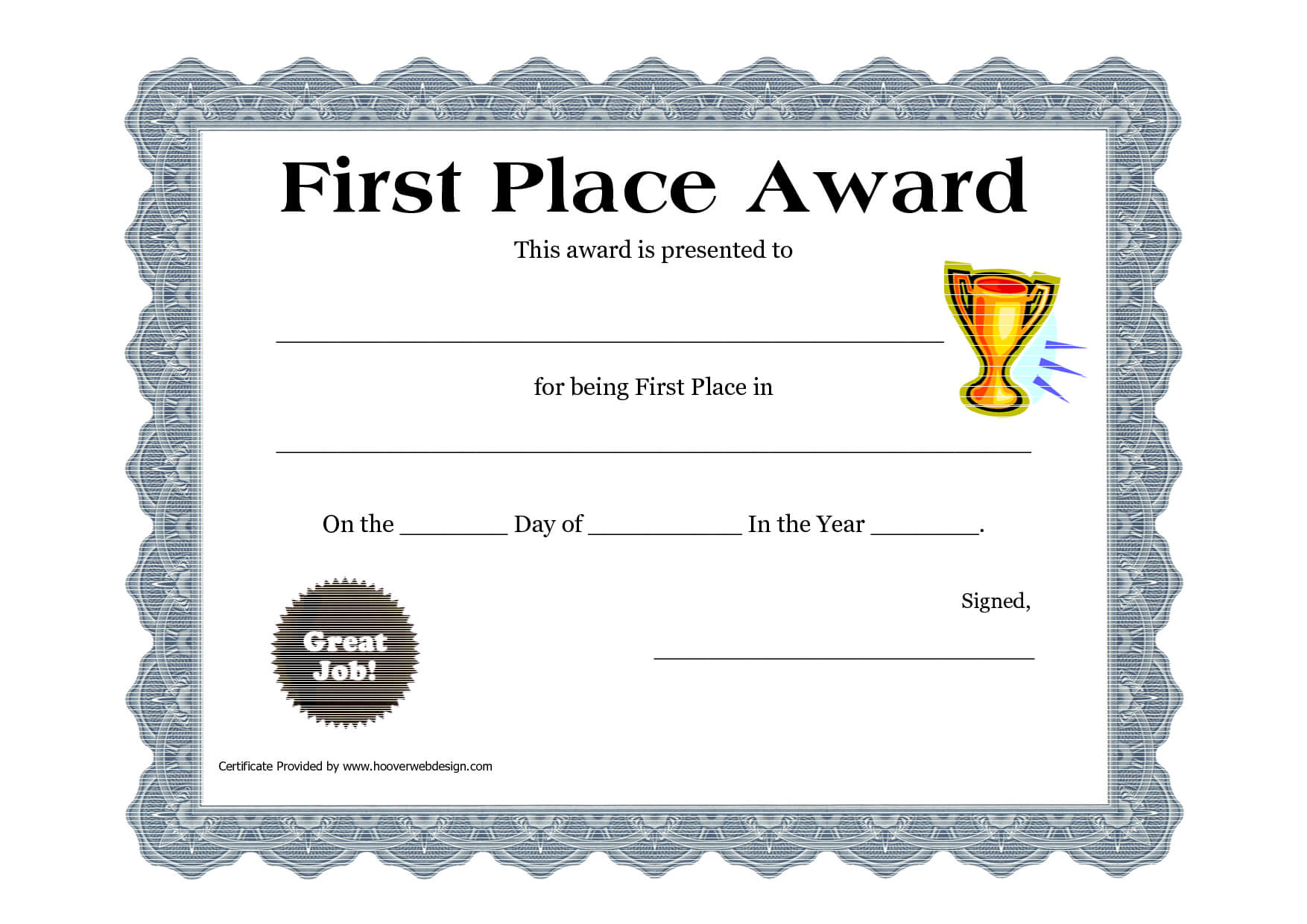 First Place Award Certificate Template