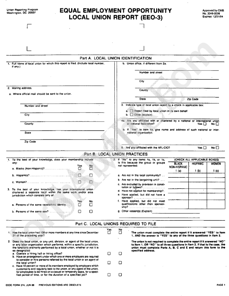 Eeoc Form Equal Employment Opportunity Local Union Report within Eeo 1