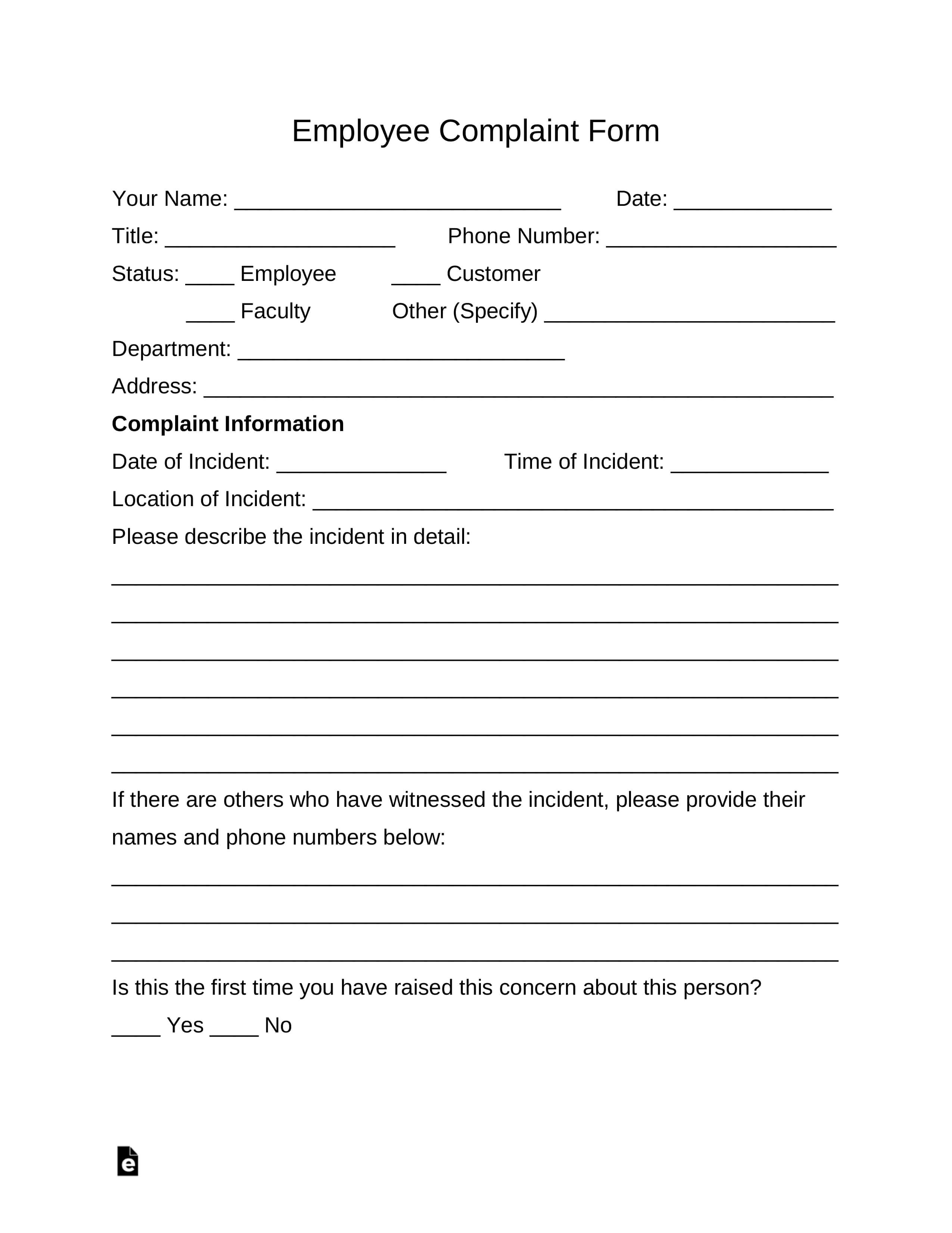 Free Employee Complaint Form Pdf Word Eforms Free Intended For 