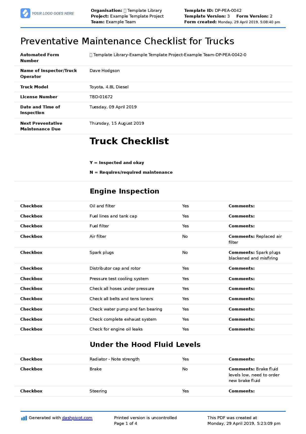 Preventative Maintenance Checklist For Trucks Diesel Trucks Regarding