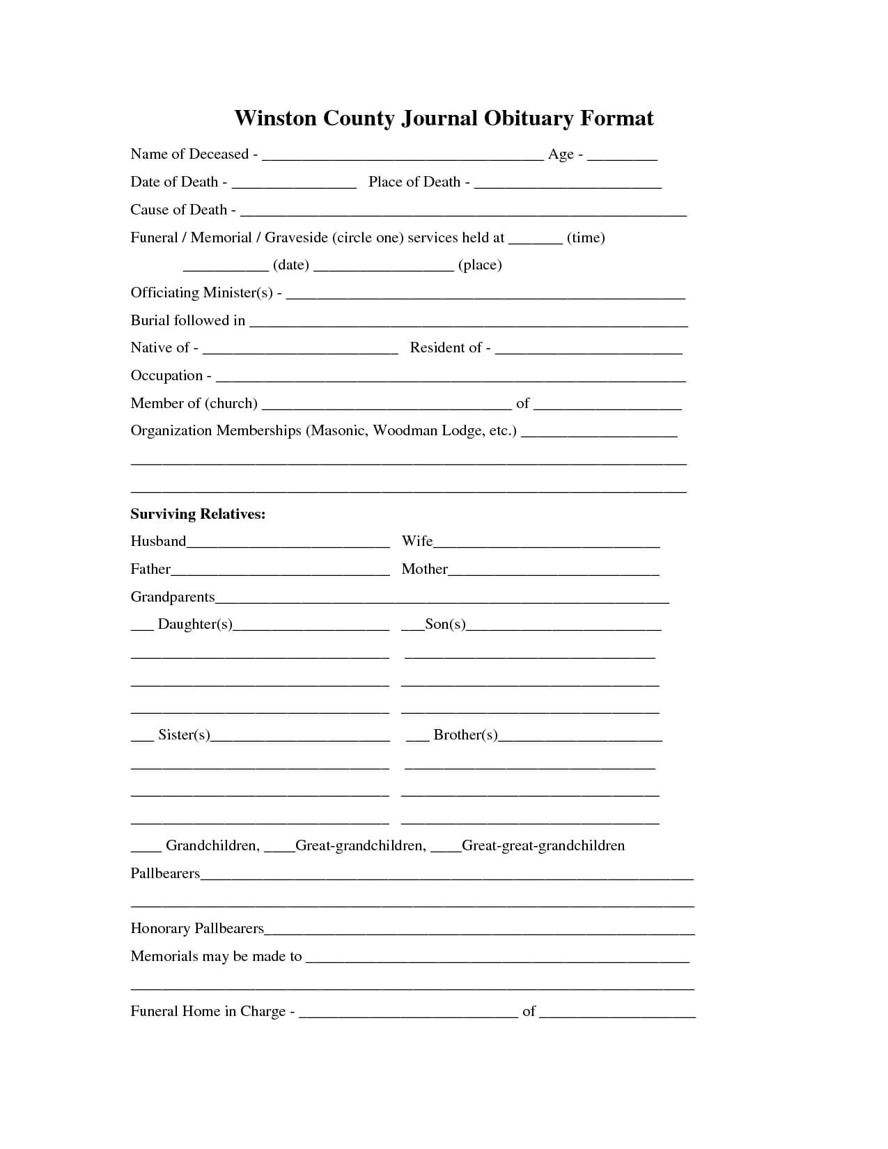 Fill In The Blank Obituary Template