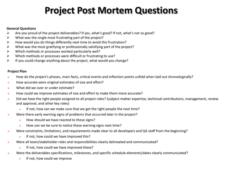 Project Post Mortem Questions Pertaining To Post Mortem Template 