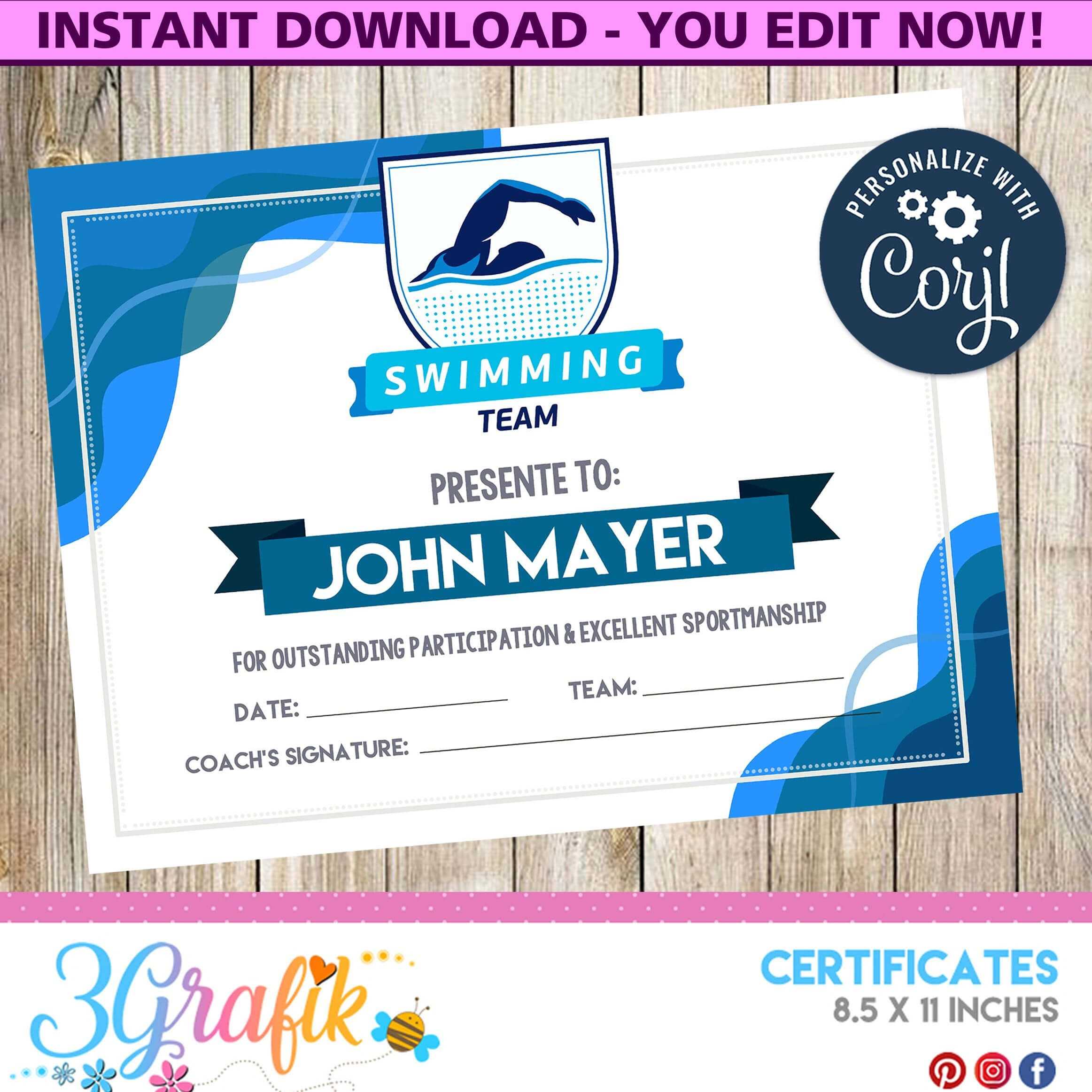 Swimming Award Certificate Template